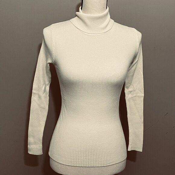 Shein Cream Ribbed Lightweight Turtleneck Long Sleeve Bodycon Sweater Size S - Picture 4 of 6